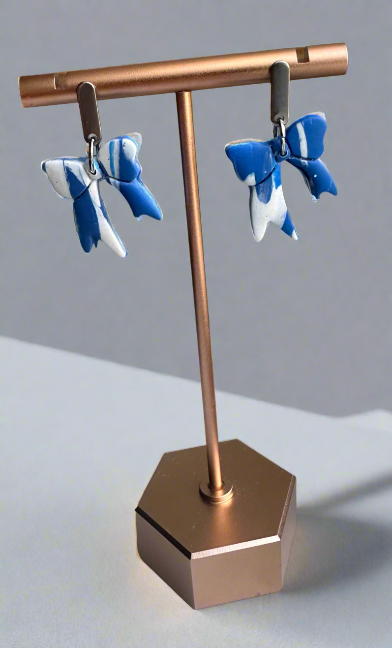 Blue and White Bow earrings